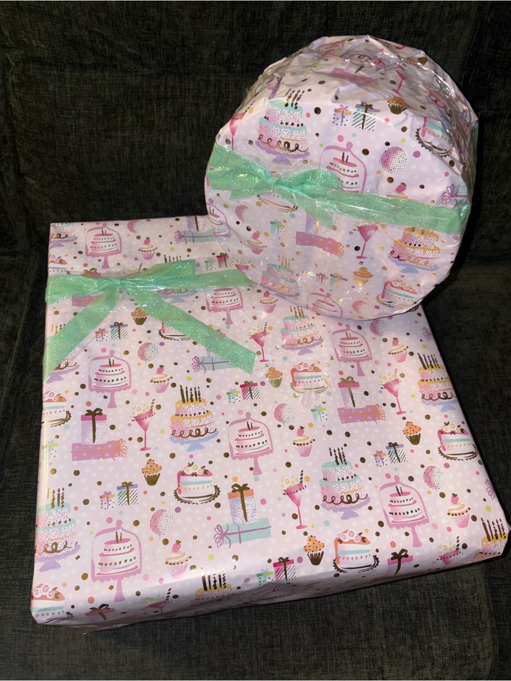 Birthday Cake Print Gift Wrap Rolls with Mint Ribbon - Home Party Supplies
